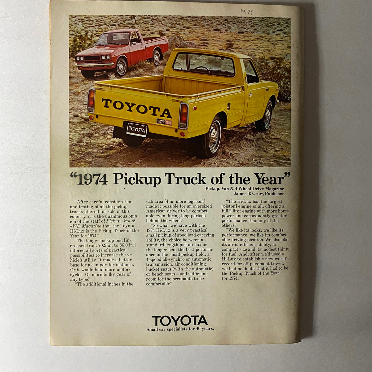Advertisement page in VTG Pickup, Van & 4WD V4 Magazine October 1974 announcing Toyota as the 1974 Pickup Truck of the Year, detailing specifications and features.