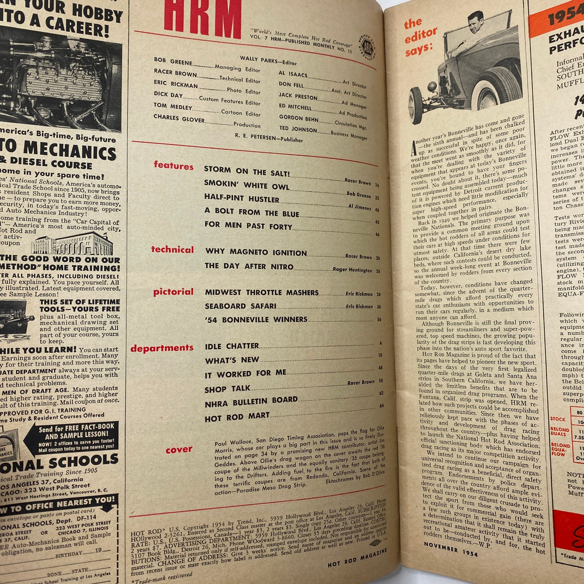 Inside page of VTG Hot Rod Magazine November 1954 featuring article titles and contributing editors, reflecting the classic car culture and technical discussions of the time.