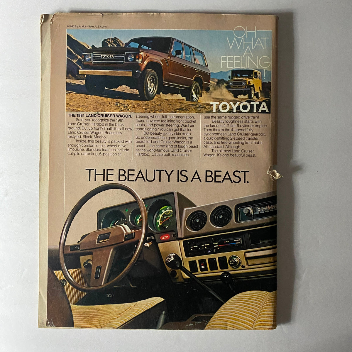 Back cover of Petersen's 4-Wheel & Off-Road Magazine March 1981 featuring a Toyota Land Cruiser ad proclaiming 'The Beauty is a Beast'.