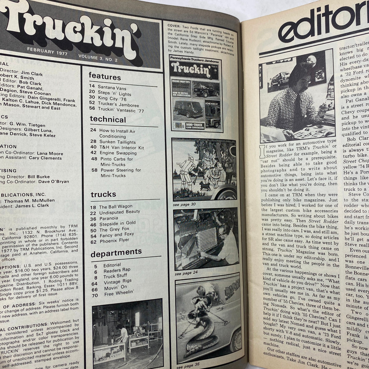 Interior page of VTG Truckin' Magazine February 1977 displaying the table of contents and editorial section, emphasizing features on custom vans and trucking lifestyle.