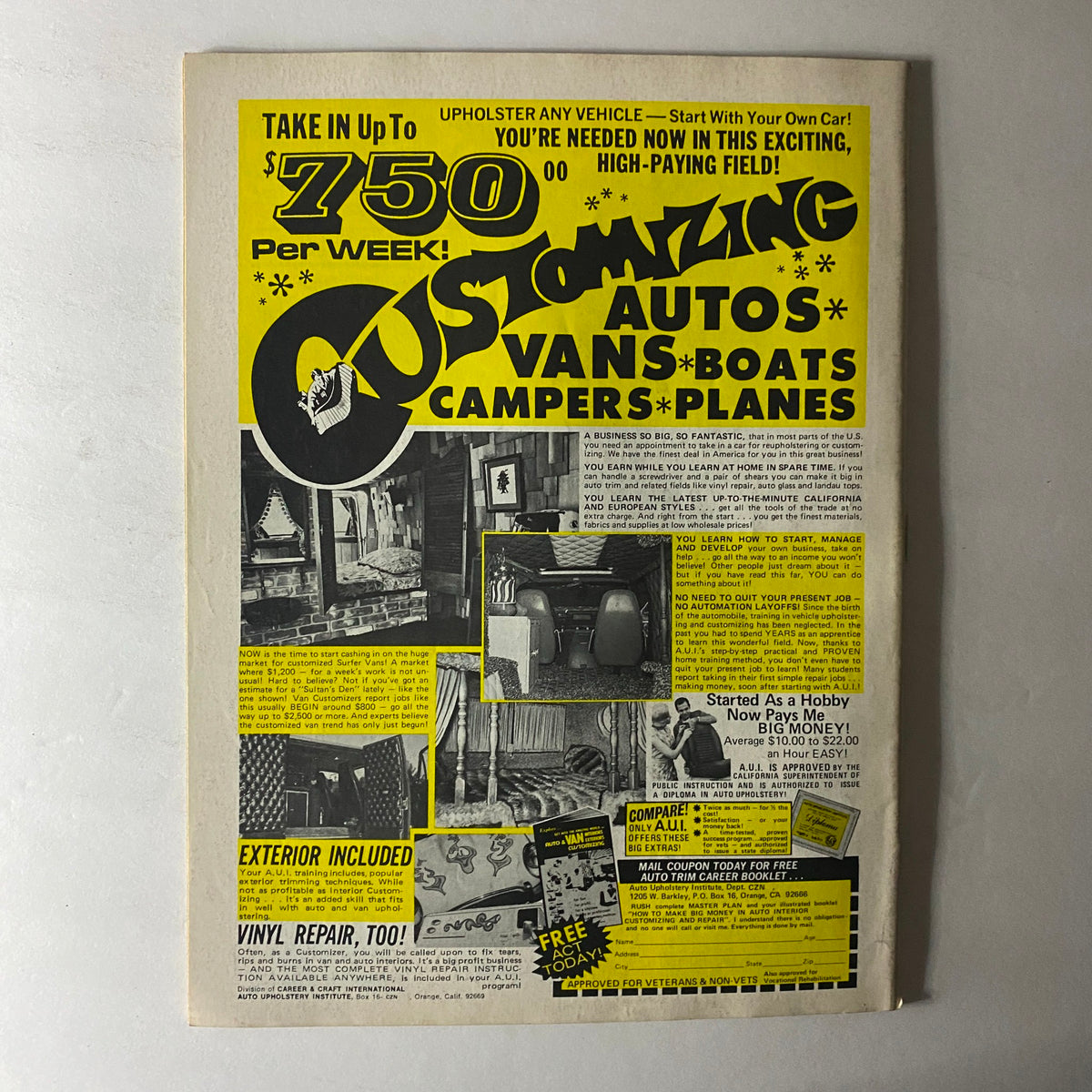 Advertisement page from VTG Truckin' Magazine February 1977 promoting vehicle customization services, highlighting the potential for high earnings in the automotive field.