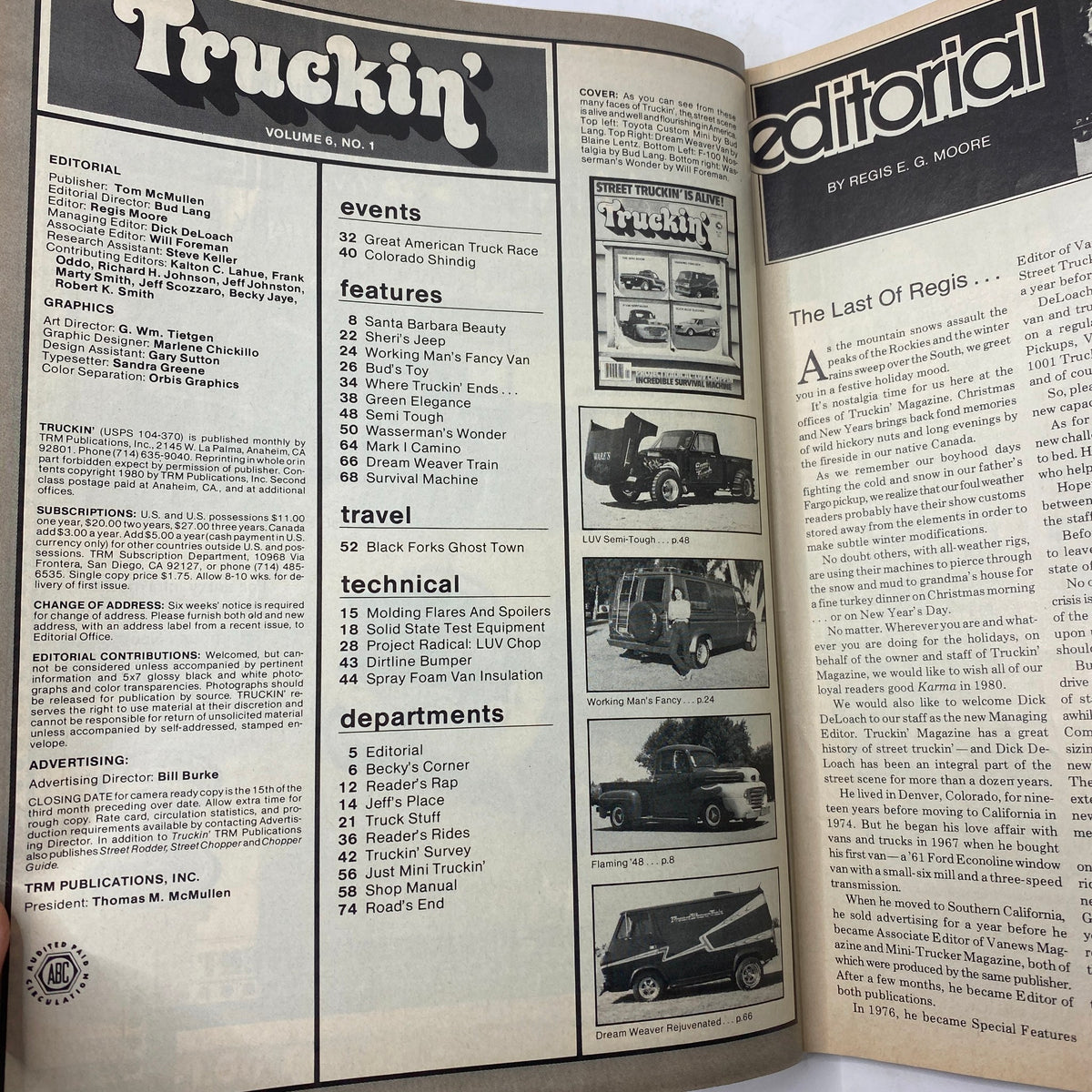 Editorial page from Vintage Truckin' Magazine January 1980 showcasing contents including features on truck events and technical advice.