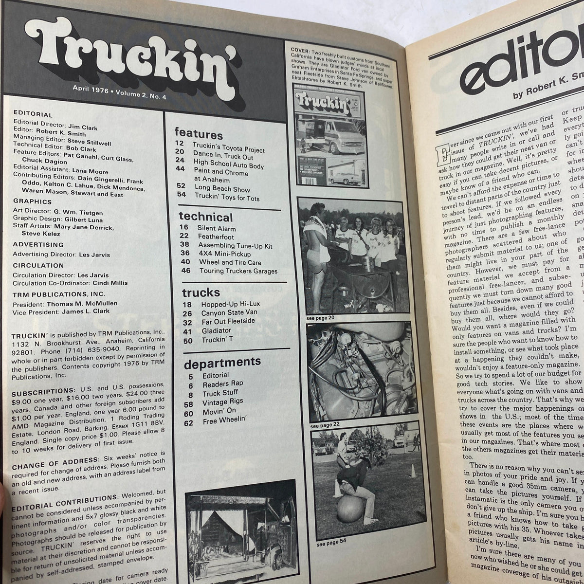 Interior page of VTG Truckin' Magazine April 1976 displaying editorial content, feature articles, and the index for the issue.