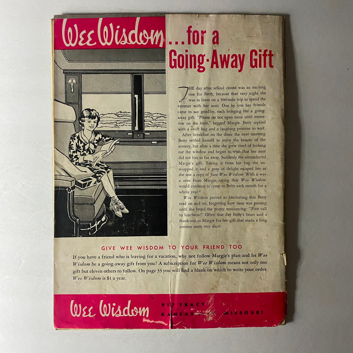 Cover of Vintage Wee Wisdom Magazine from March 1939 titled 'Finders Keepers', showcasing a black and white illustration of a girl on a train, and red typographic elements advertising the magazine's offerings.
