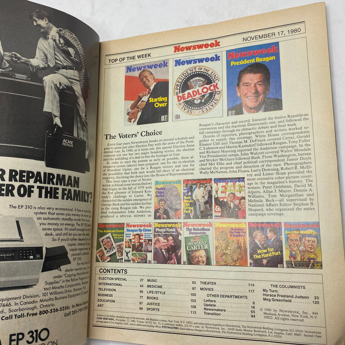 Interior page of VTG Newsweek Magazine November 17 1980 showcasing articles and cover features about President Ronald Reagan and the 1980 presidential election.