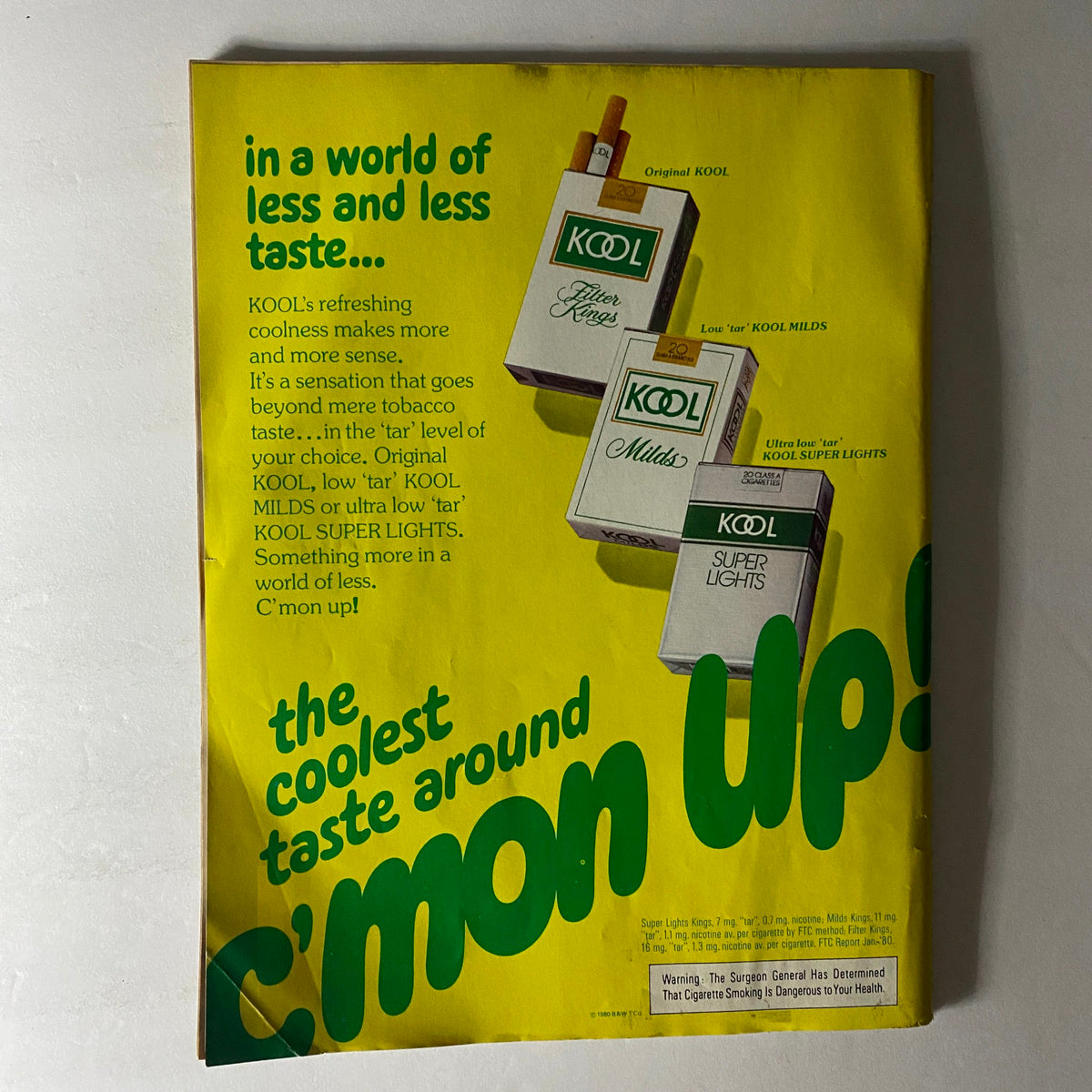 Back cover of VTG Newsweek Magazine November 17 1980 displaying an advertisement for KOOL cigarettes with a vibrant yellow background.