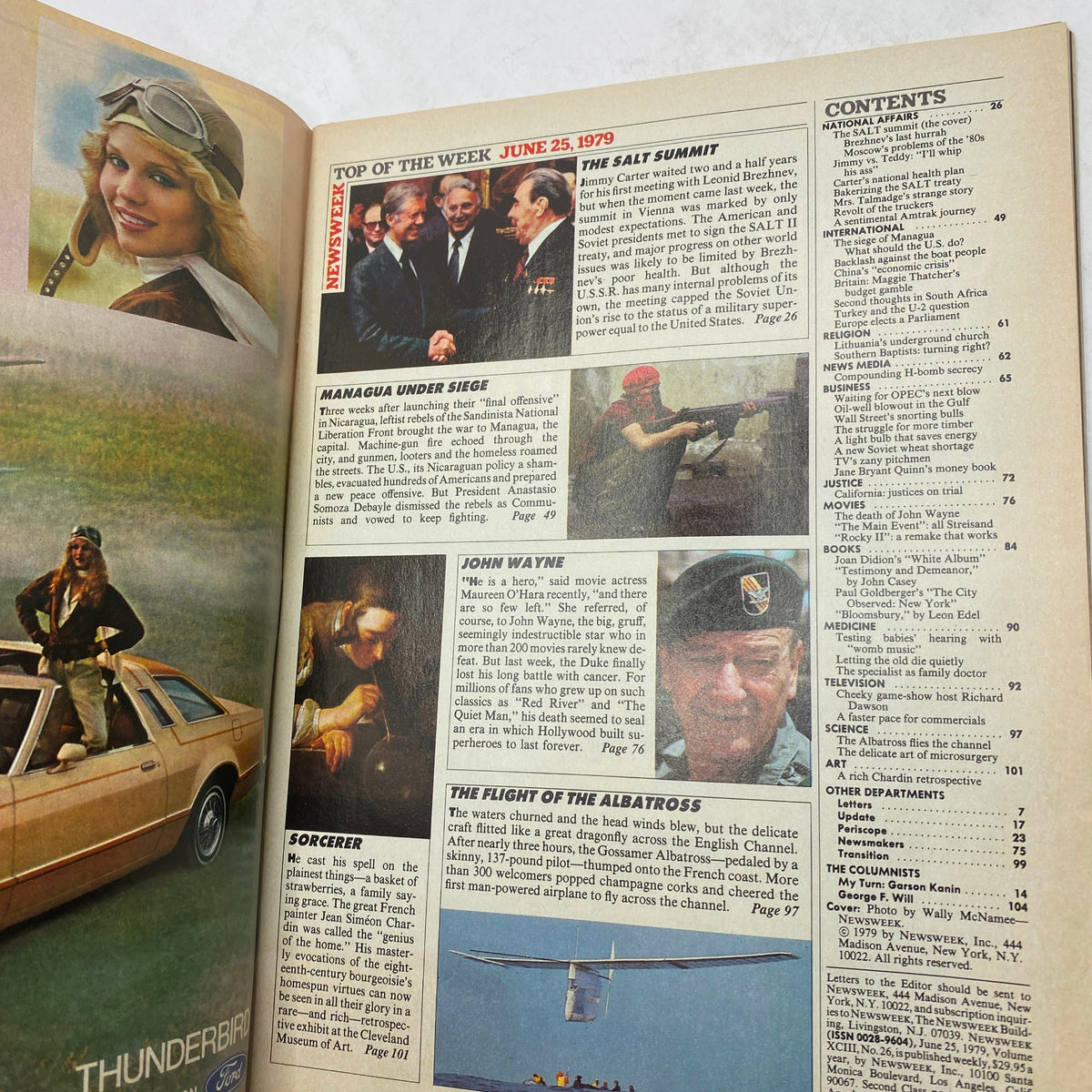 Inside page of VTG Newsweek Magazine June 25 1979 featuring a section on significant events including the SALT Summit, Managua under siege, and profiles on cultural icons like John Wayne.