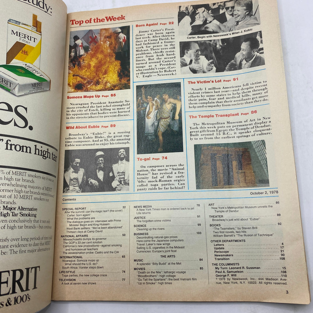 Interior page of the October 2 1978 Newsweek Magazine showcasing the table of contents and key articles, including coverage of Jimmy Carter's presidency.
