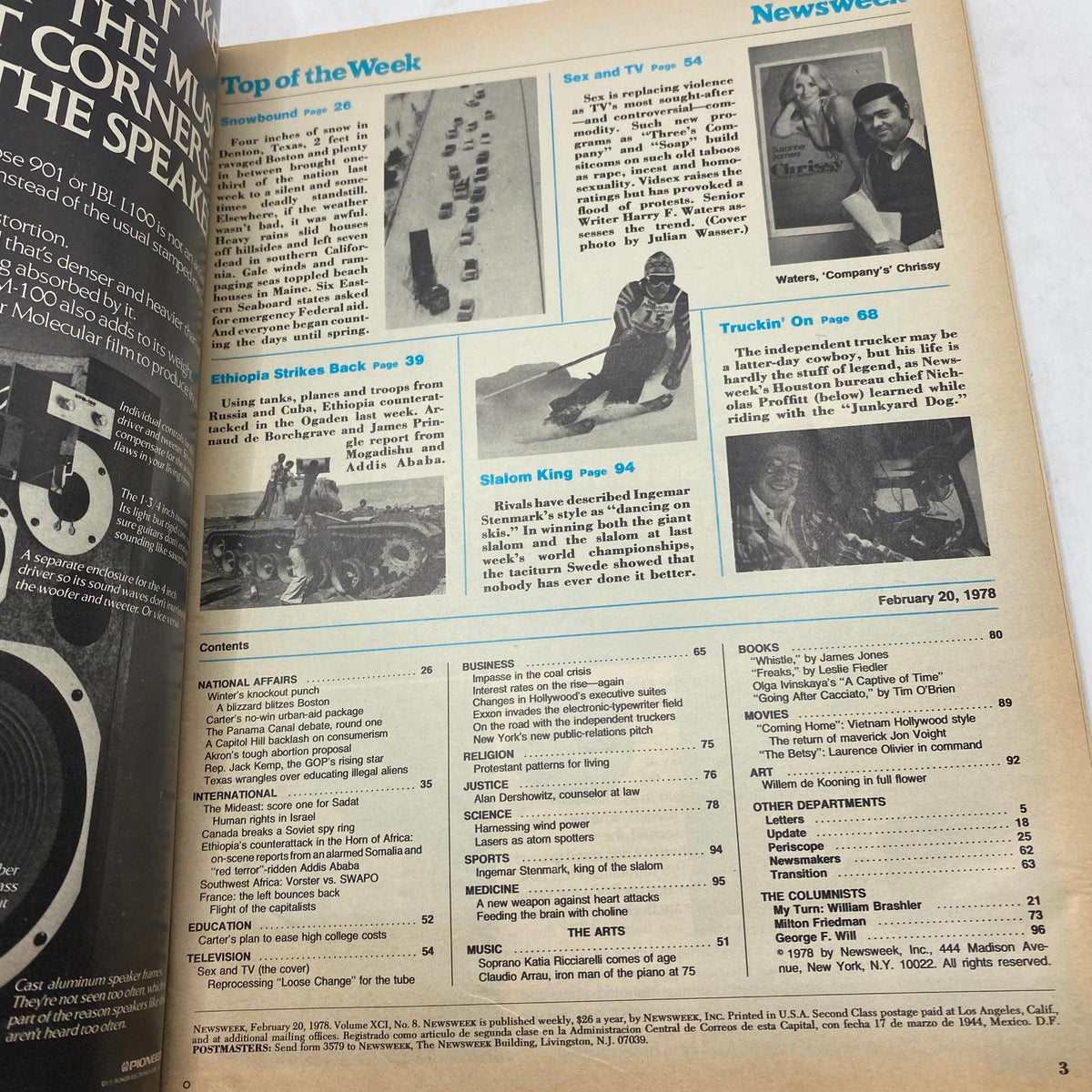 Interior page of Newsweek Magazine February 20, 1978, displaying contents including 'Sex and TV', and articles related to national affairs and entertainment.
