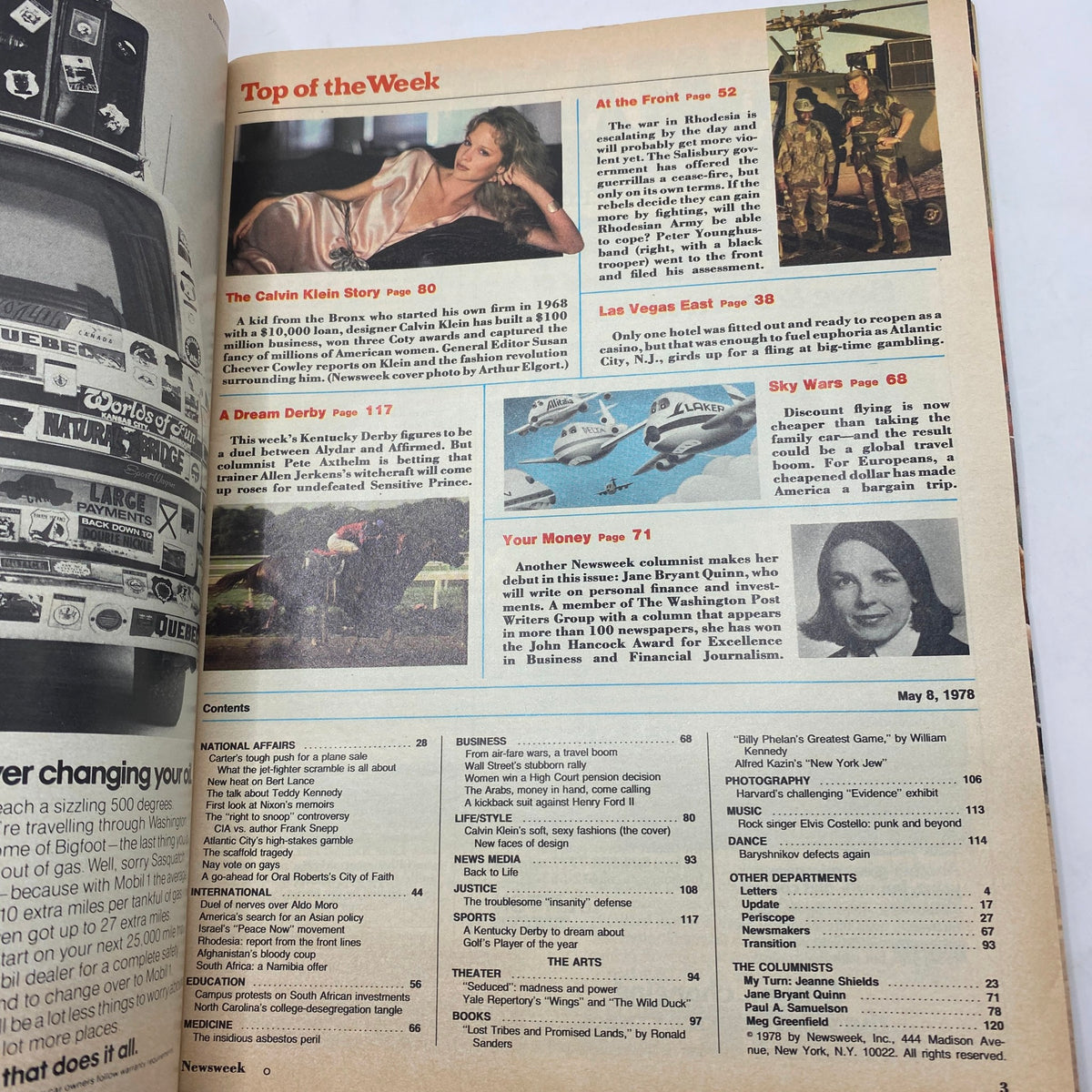 Contents page of VTG Newsweek Magazine May 8, 1978 highlighting articles including a feature on Calvin Klein, emphasizing the magazine's insights into the fashion industry.
