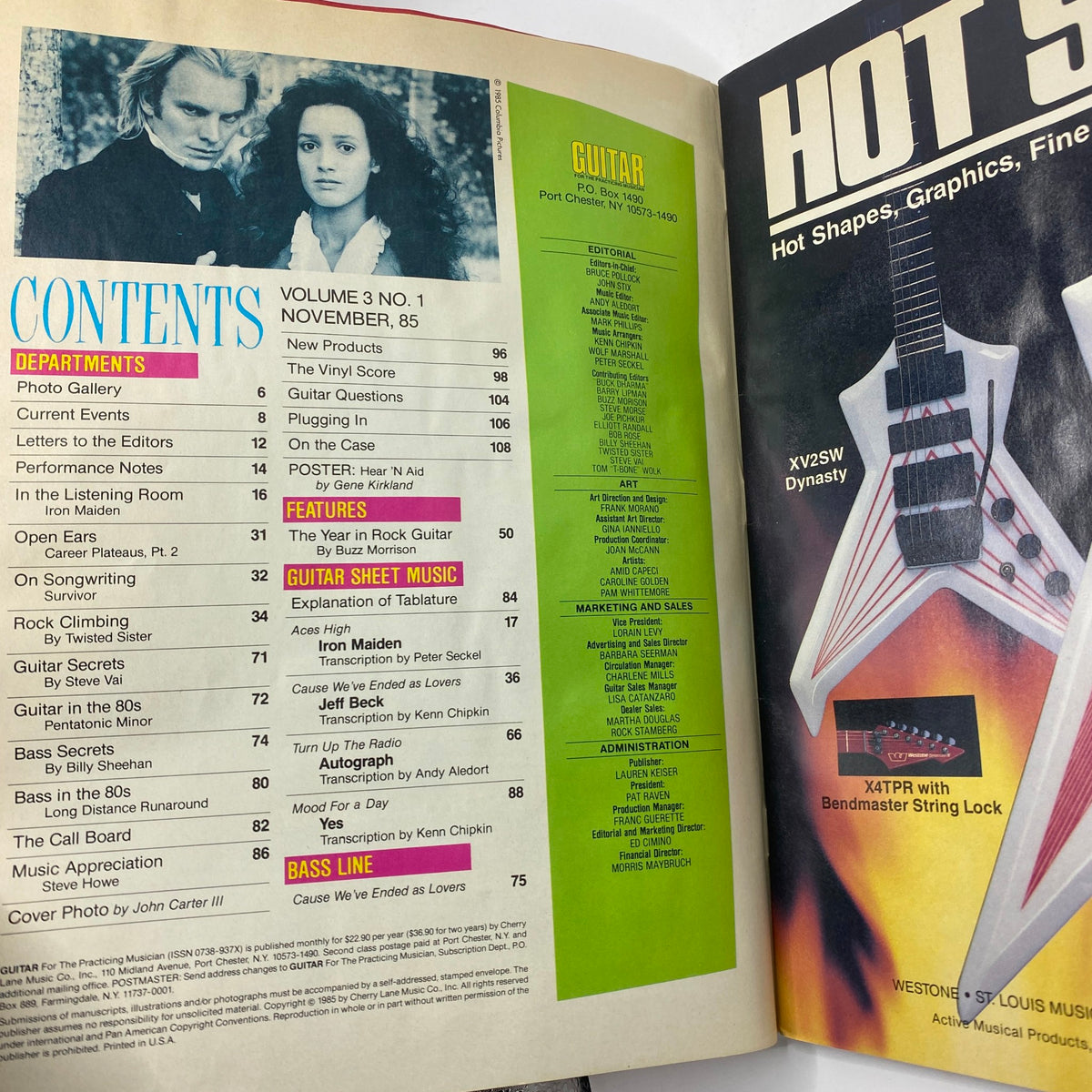 Contents page of VTG Guitar Magazine November 1985, showing article topics including 'The Year in Rock Guitar' and notable guitarists, perfect for vintage magazine enthusiasts.
