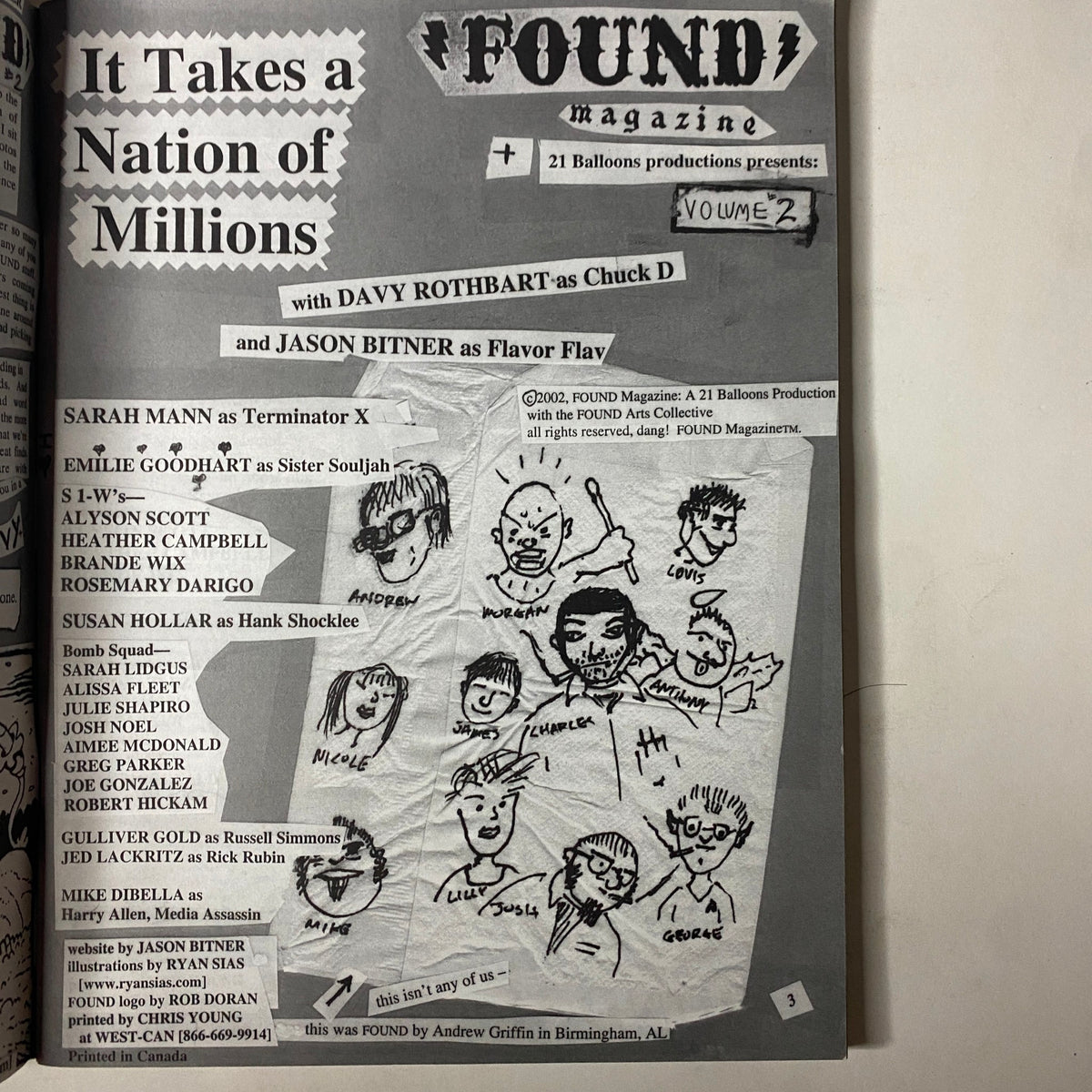 Inside page of Found Magazine 2002 #2, showcasing creative contributions from Davy Rothbart and Jason Bitner, highlighting various characters and contributors including Sarah Mann and Emilie Goodhart.