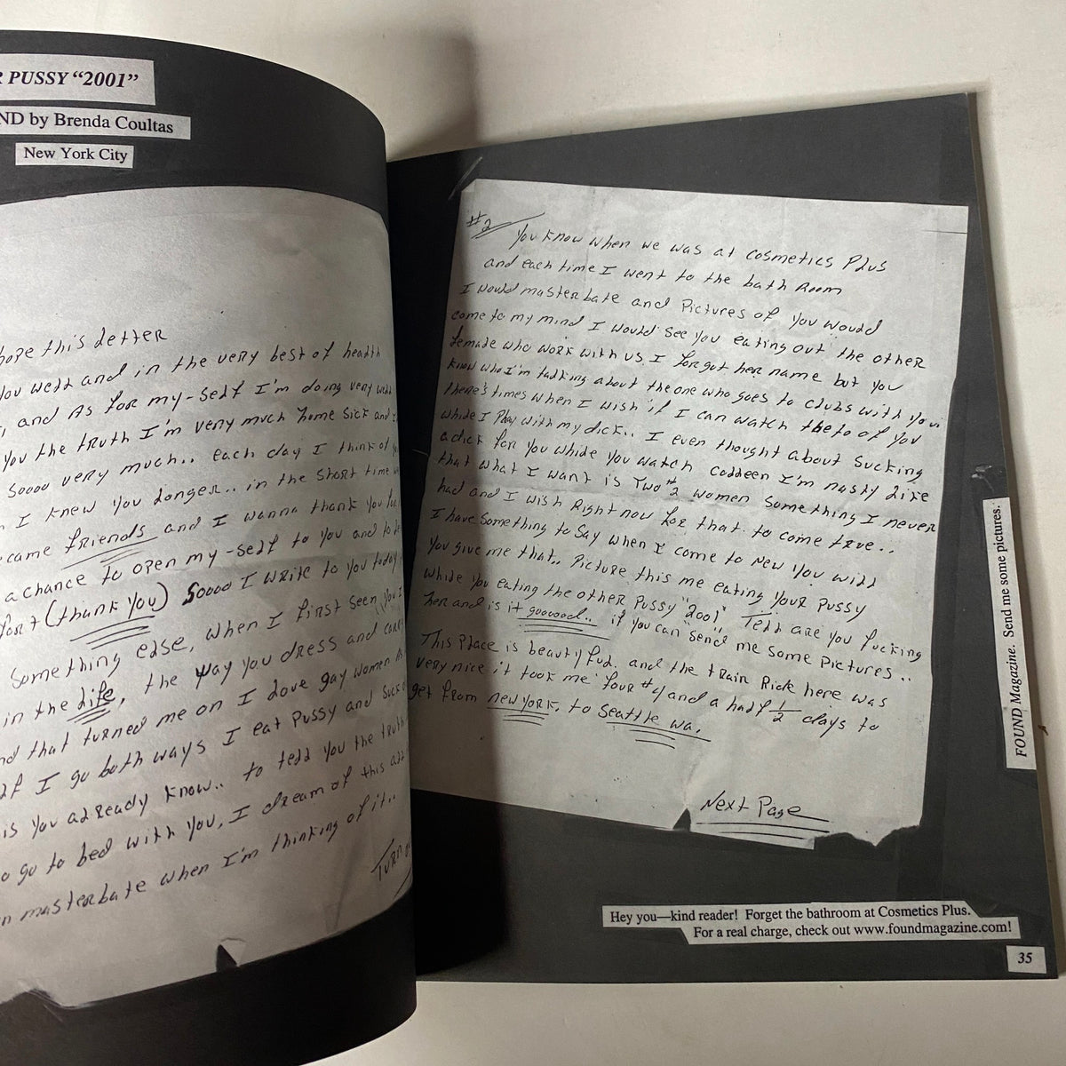 Page from Found Magazine 2002 #2 displaying handwritten notes and letters, featuring artistic elements and personal anecdotes that capture everyday experiences.