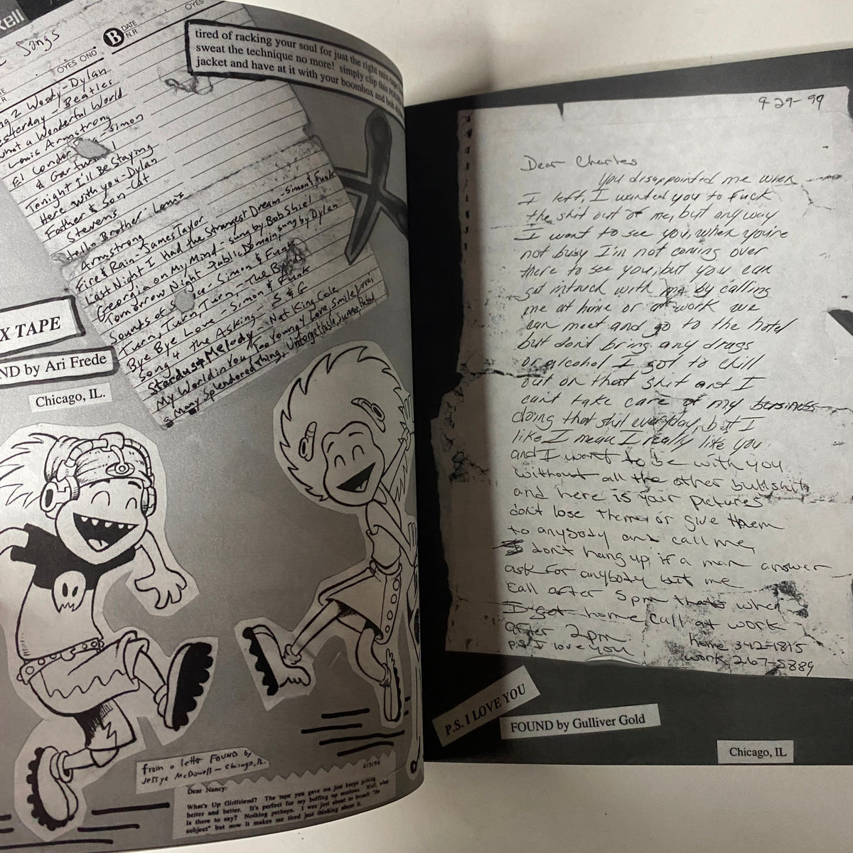 Another page of Found Magazine 2002 #2 featuring a collage of letters and drawings, expressing emotional messages and a sense of humor, reflecting the zine's unique aesthetic.