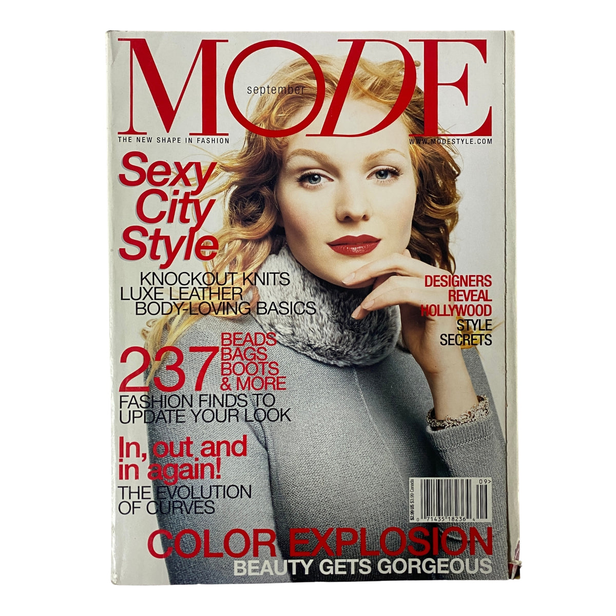 Cover of Mode Magazine September 2001 featuring a model with curly hair, showcasing the title 'Mode Magazine – September 2001 – Designer Reveals Hollywood Style Secrets'. The cover highlights themes of fashion, style, and beauty.