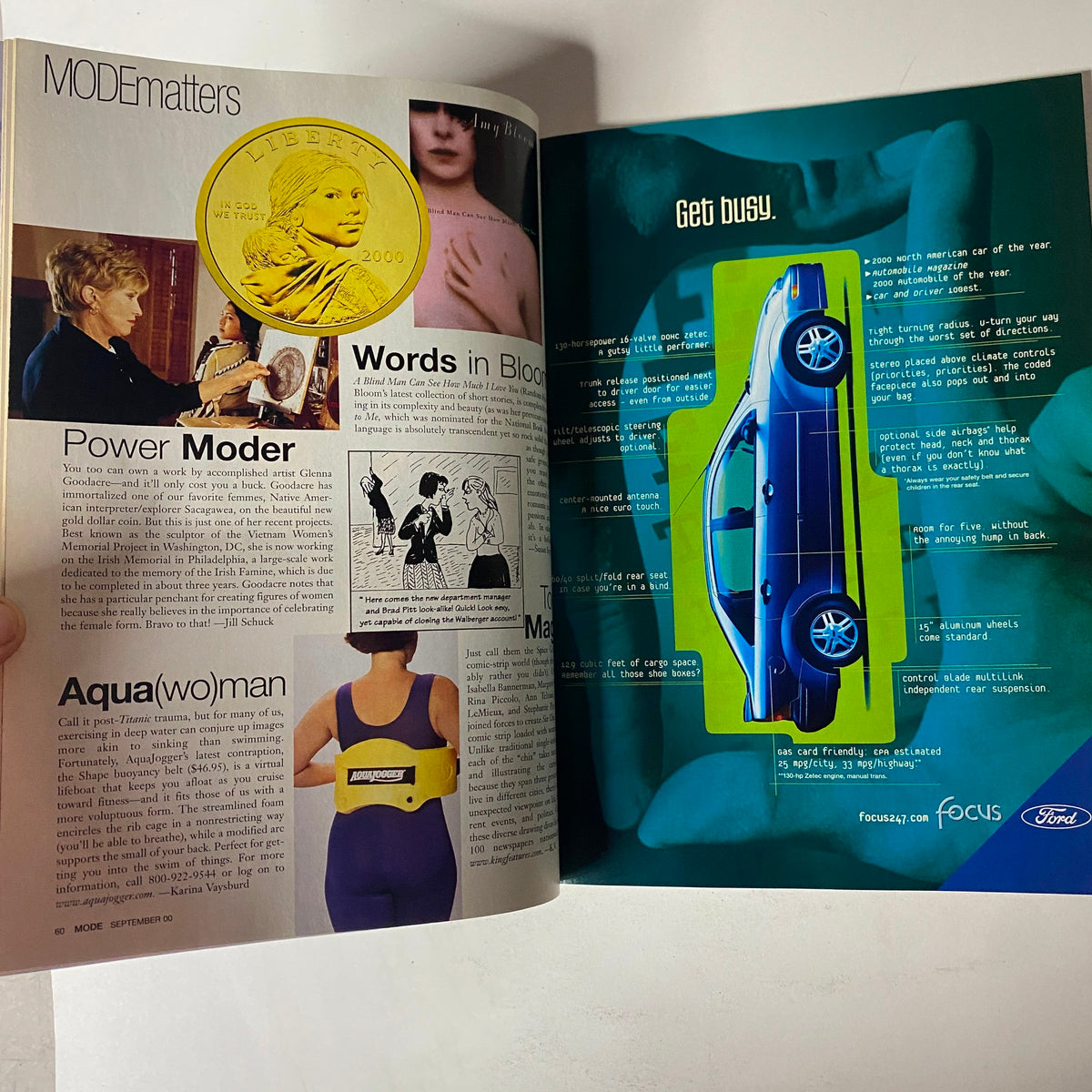 Interior page of Mode Magazine September 2001 featuring the 'MODEmatters' column, highlighting articles on fashion, lifestyle, and innovative products in a vibrant magazine layout.