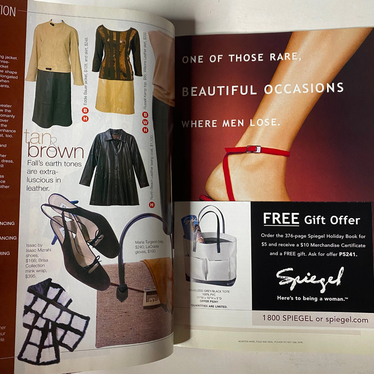 Advertisement spread in Mode Magazine, October 2001, featuring stylish accessories and a promotion for Spiegel highlighting trendy fall fashion options.