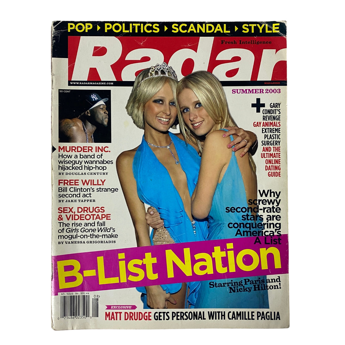 Radar Magazine Summer 2003 featuring Paris and Nicky Hilton on the cover, highlighting the cultural phenomenon of B-list celebrity fame and media scandals.