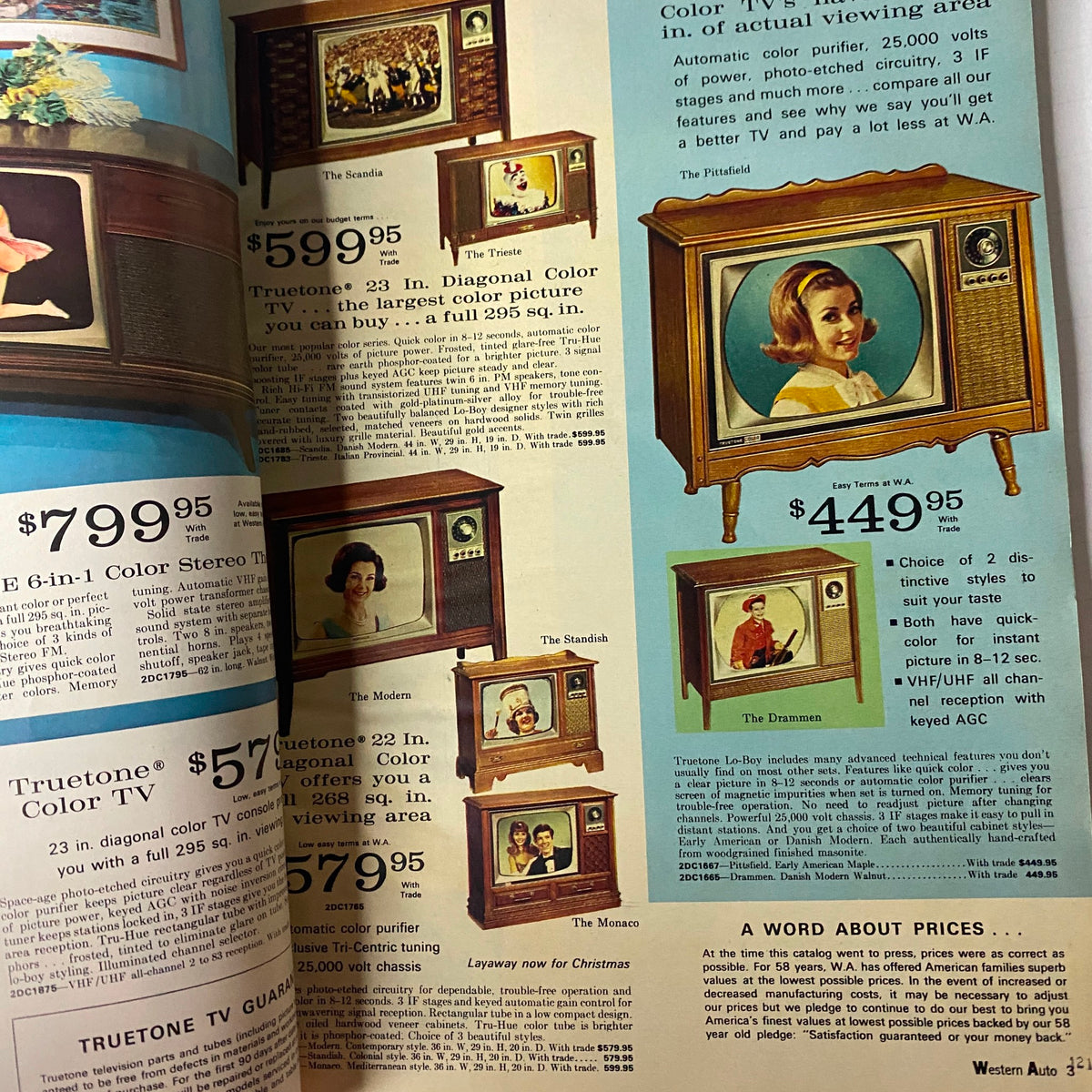 Interior page of the 1967-1968 Western Auto The Family Store Fall & Winter Catalog featuring Truetone color televisions with pricing and product details.