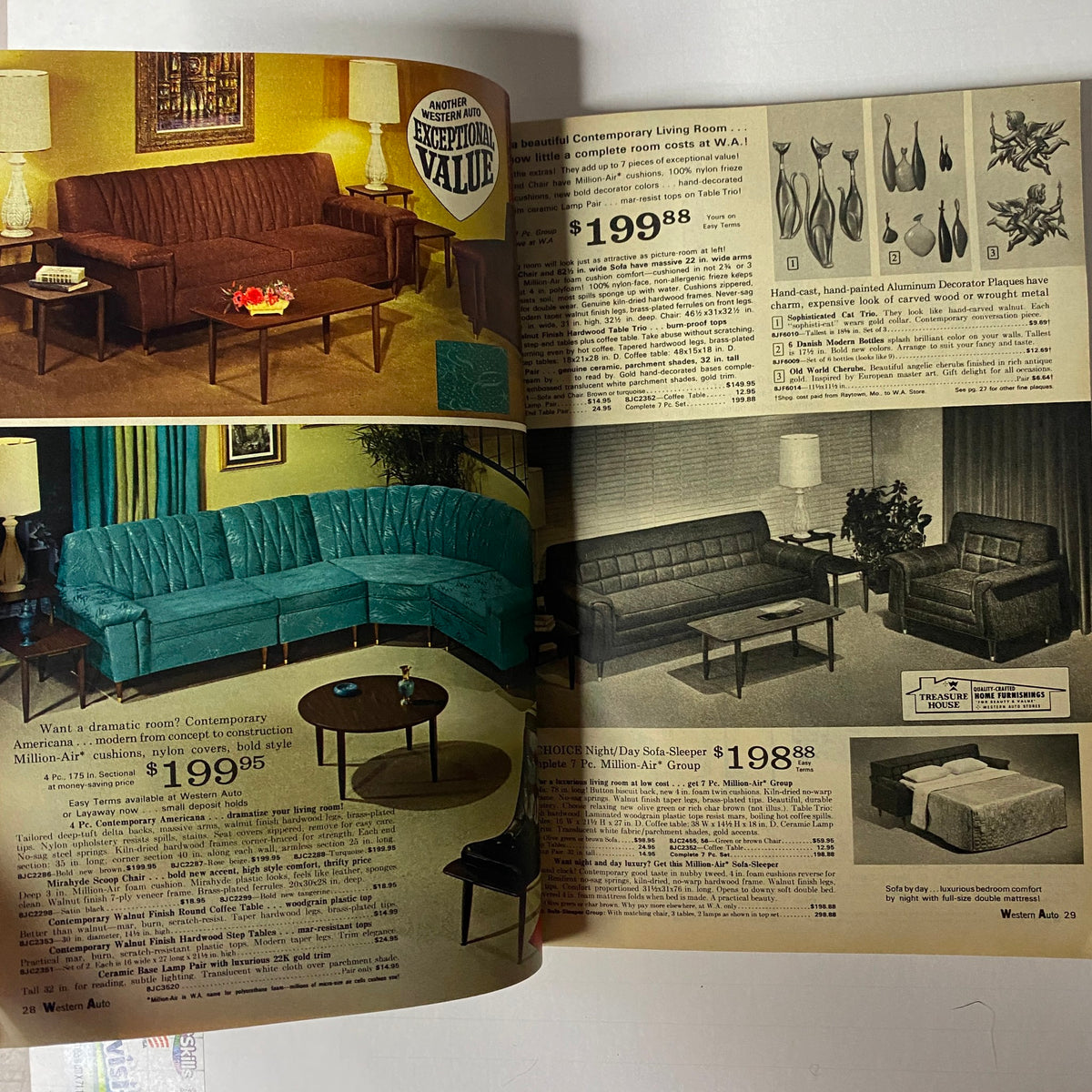 Interior page of the 1967-1968 Western Auto The Family Store Fall & Winter Catalog showcasing contemporary living room furniture with prices.