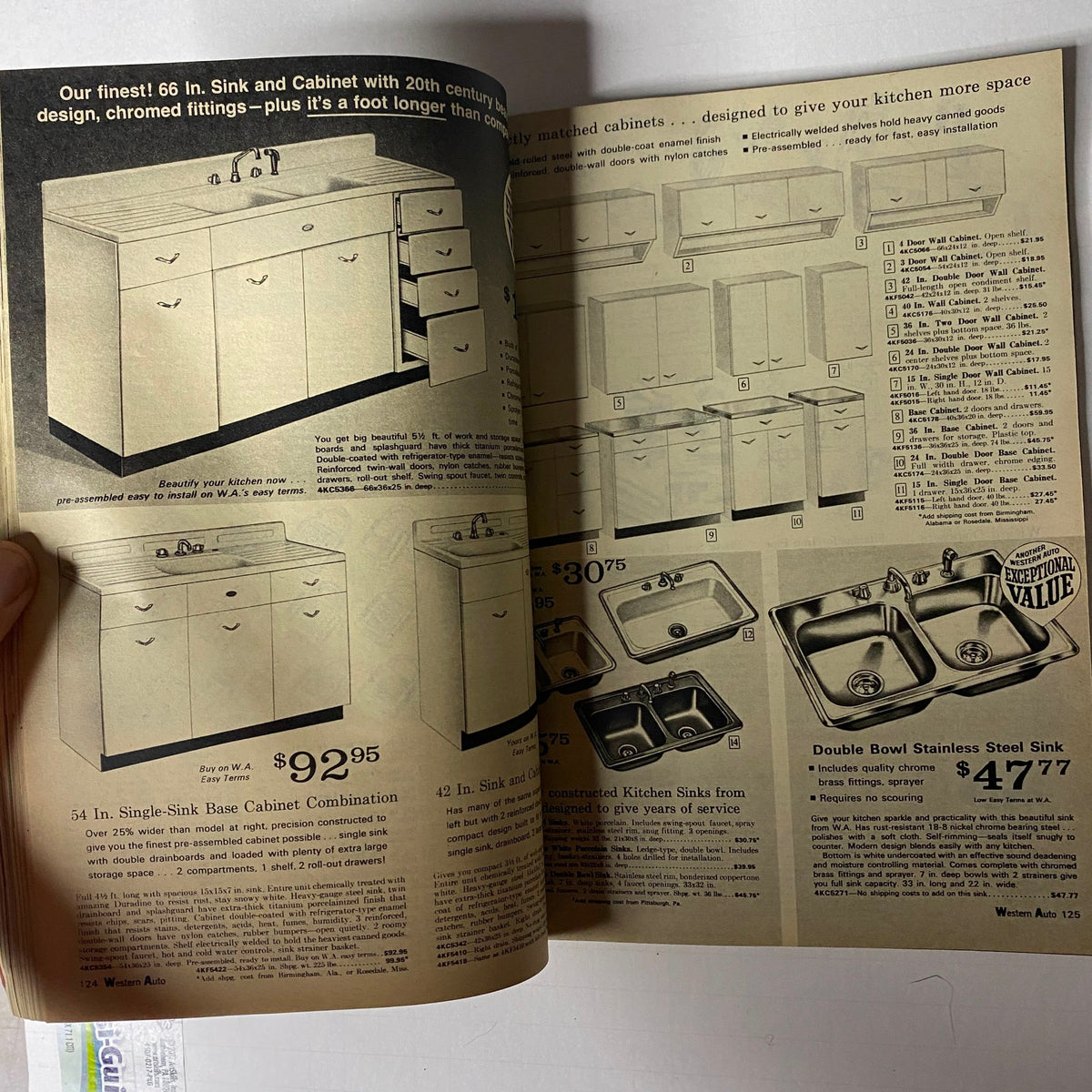1967-1968 Western Auto The Family Store Fall & Winter Catalog page showcasing kitchen cabinets with pricing and descriptions of sink combinations.