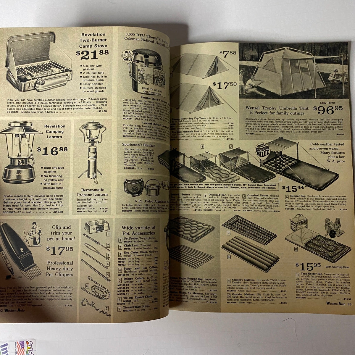 1967-1968 Western Auto The Family Store Fall & Winter Catalog page featuring camping gear including a camp stove, lanterns, and tents with prices.