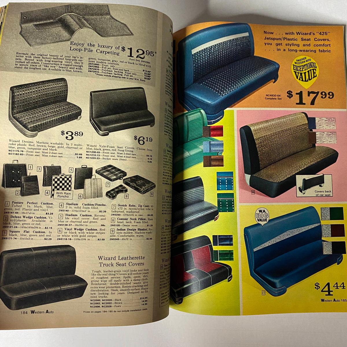1967-1968 Western Auto The Family Store Fall & Winter Catalog page displaying various automotive seat covers and carpet options with pricing details.