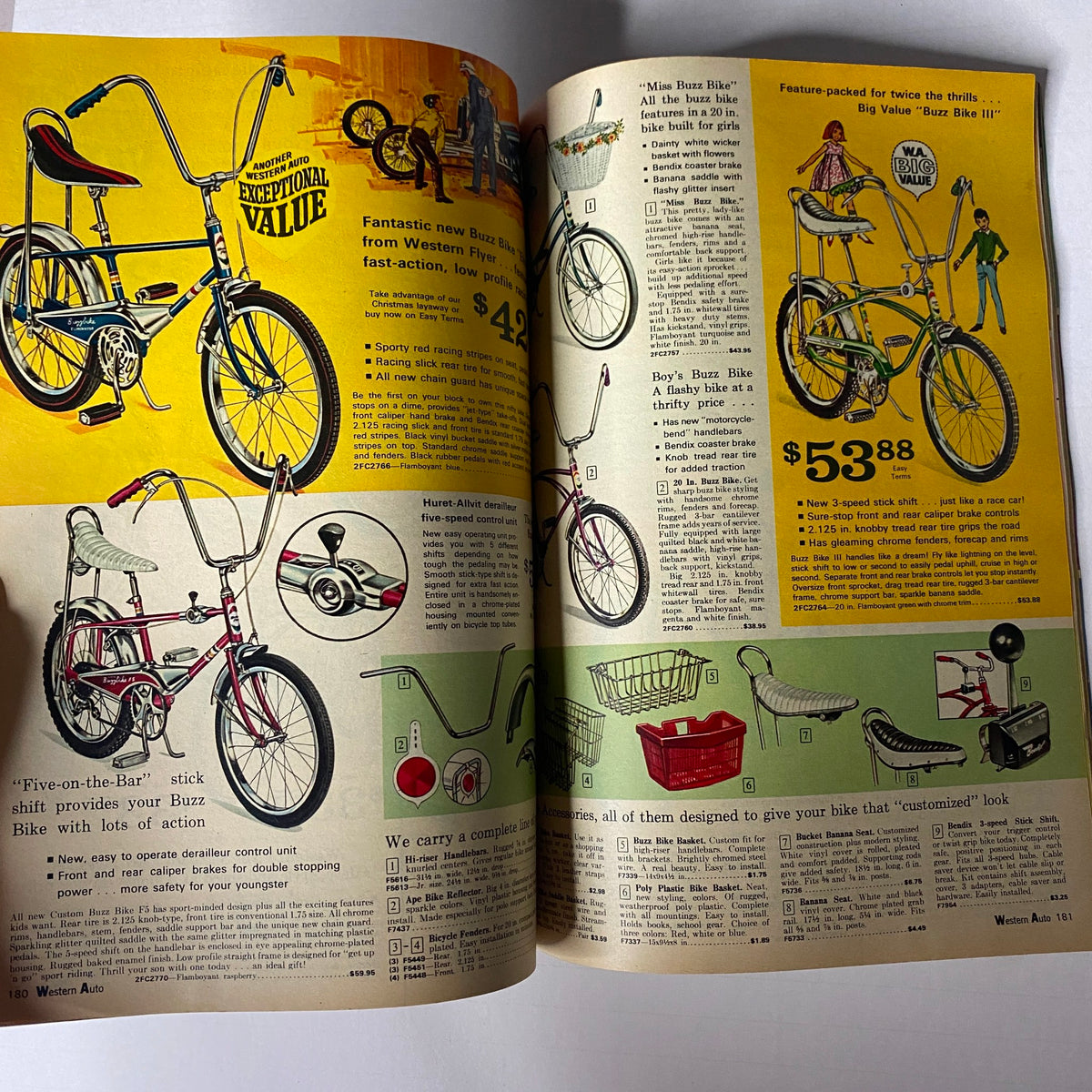 1967-1968 Western Auto The Family Store Fall & Winter Catalog page presenting bicycles and accessories, including pricing and product details.