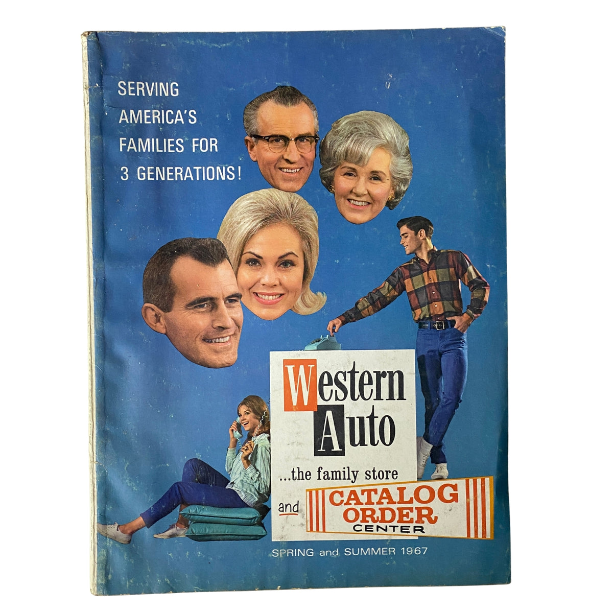 Cover of the 1967 Western Auto The Family Store Spring and Summer Catalog featuring a collage of smiling family faces and a colorful design, highlighting the theme of family-oriented products.