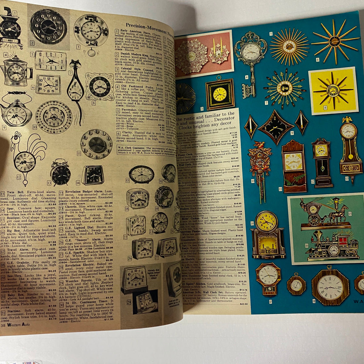 1967 Western Auto The Family Store Spring and Summer Catalog page featuring an array of vintage clocks and decorative timepieces with illustrated descriptions.