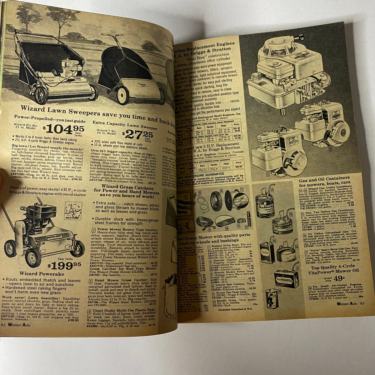1967 Western Auto The Family Store Spring and Summer Catalog showcasing Wizard Lawn Sweepers, engines, and accessories with vintage illustrations and pricing.