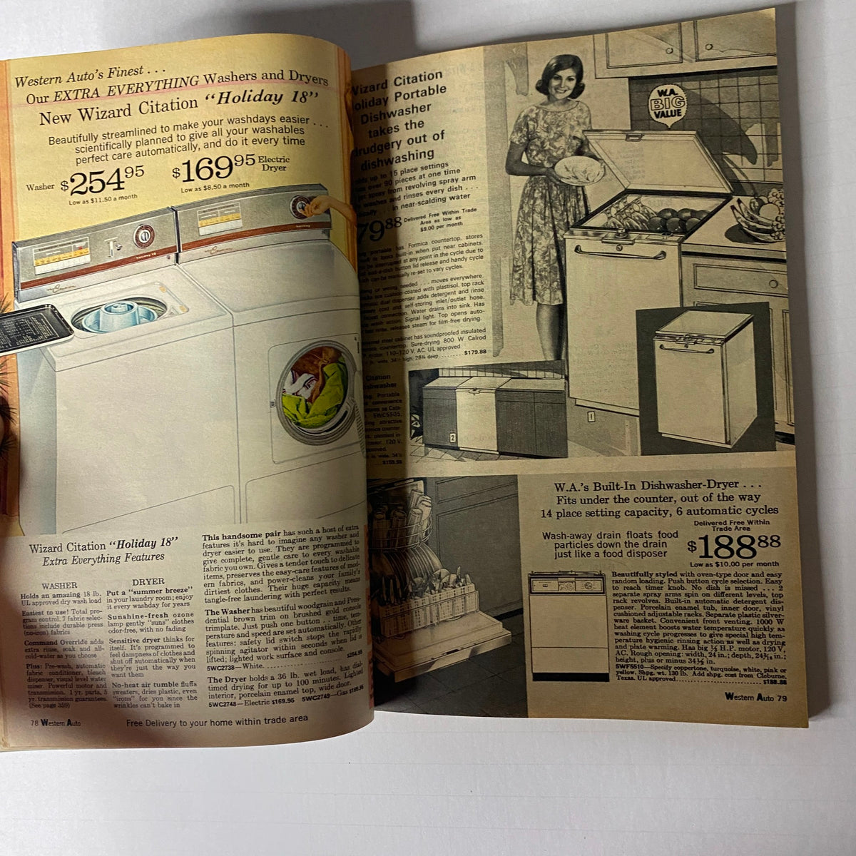 1967 Western Auto The Family Store Spring and Summer Catalog displaying Wizard Citation washing machines and dryers, including features and pricing details.