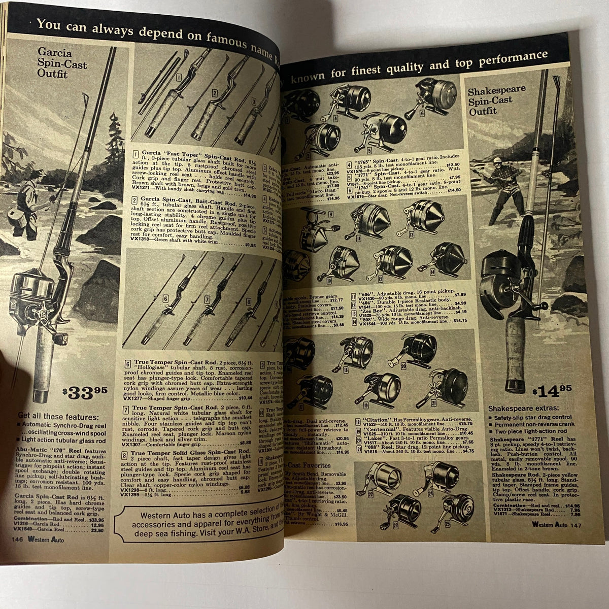 1967 Western Auto The Family Store Spring and Summer Catalog presenting fishing rods and reels from Garcia and Shakespeare with vintage designs and pricing information.