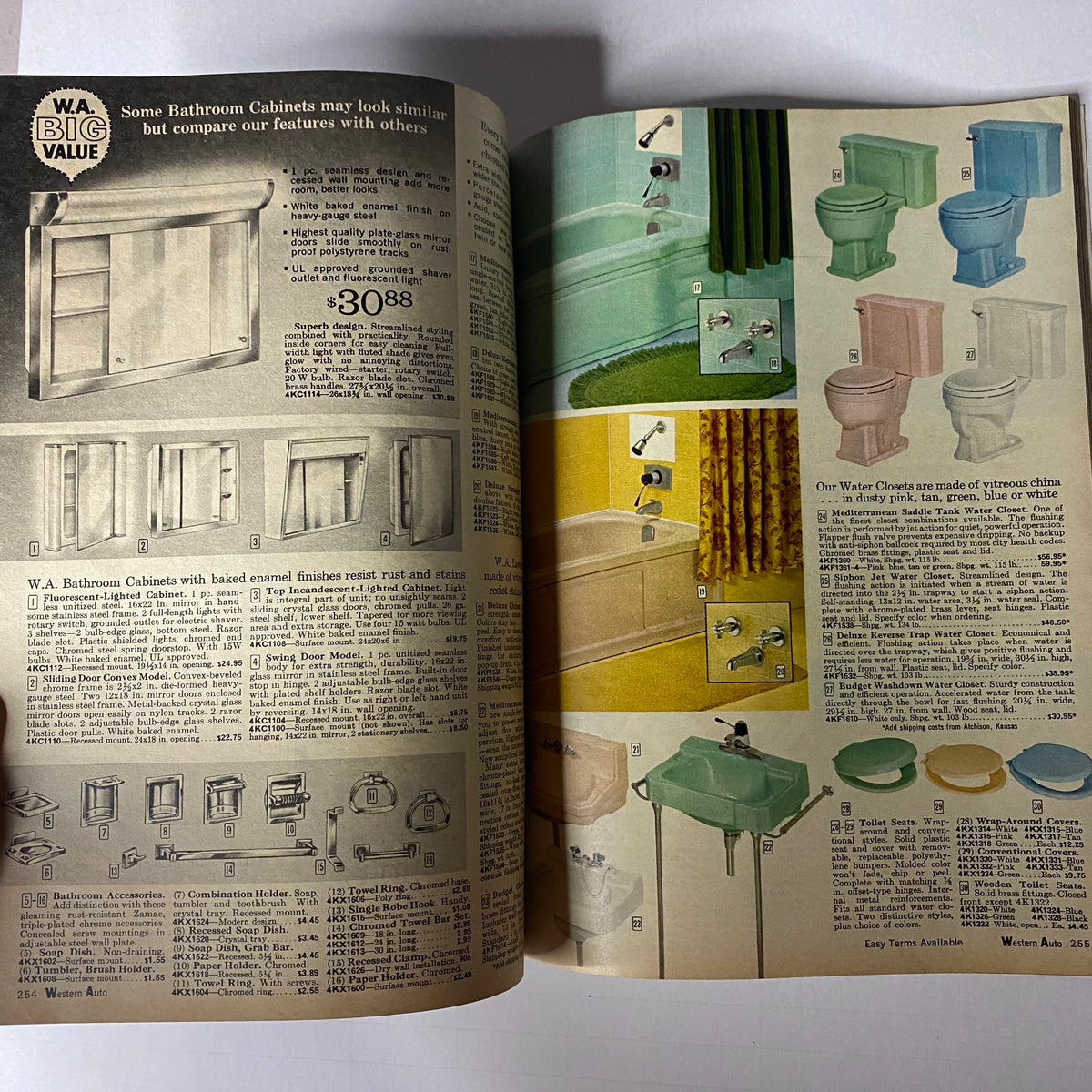 1967 Western Auto The Family Store Spring and Summer Catalog showing a variety of bathroom cabinets with descriptions, prices, and design options, emphasizing value and home improvement.