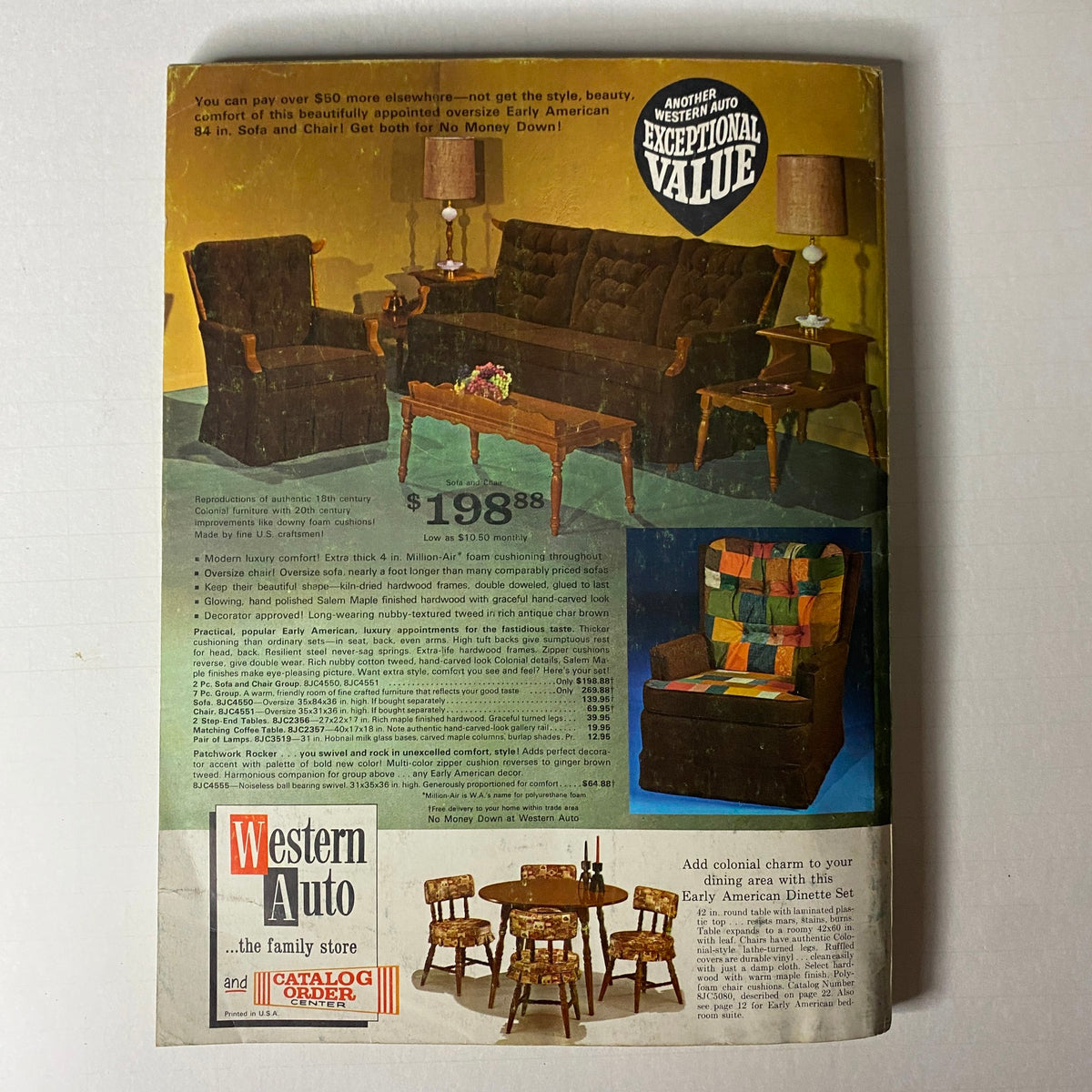 1967 Western Auto The Family Store Spring and Summer Catalog back cover showcasing a comfortable living room set, including a sofa and chairs, promoting exceptional value for family-friendly furniture.