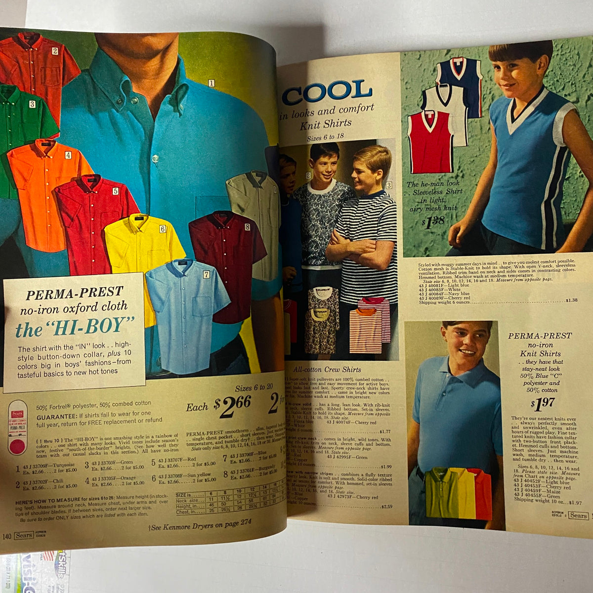 1967 Sears Summer Catalog highlighting Perma-Prest knit shirts for boys with various colors and styles, designed for looks and comfort.