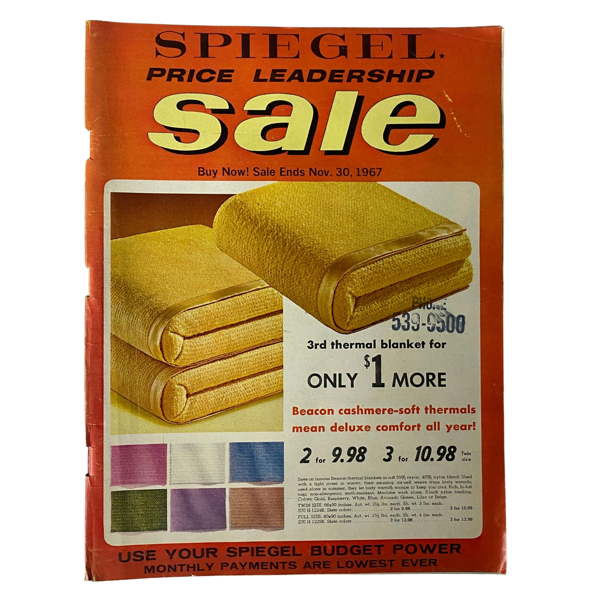 Cover of the 1967 Spiegel Price Leadership Sale Catalog featuring colorful advertisements for blankets and thermal products, promoting affordability in vibrant typography.
