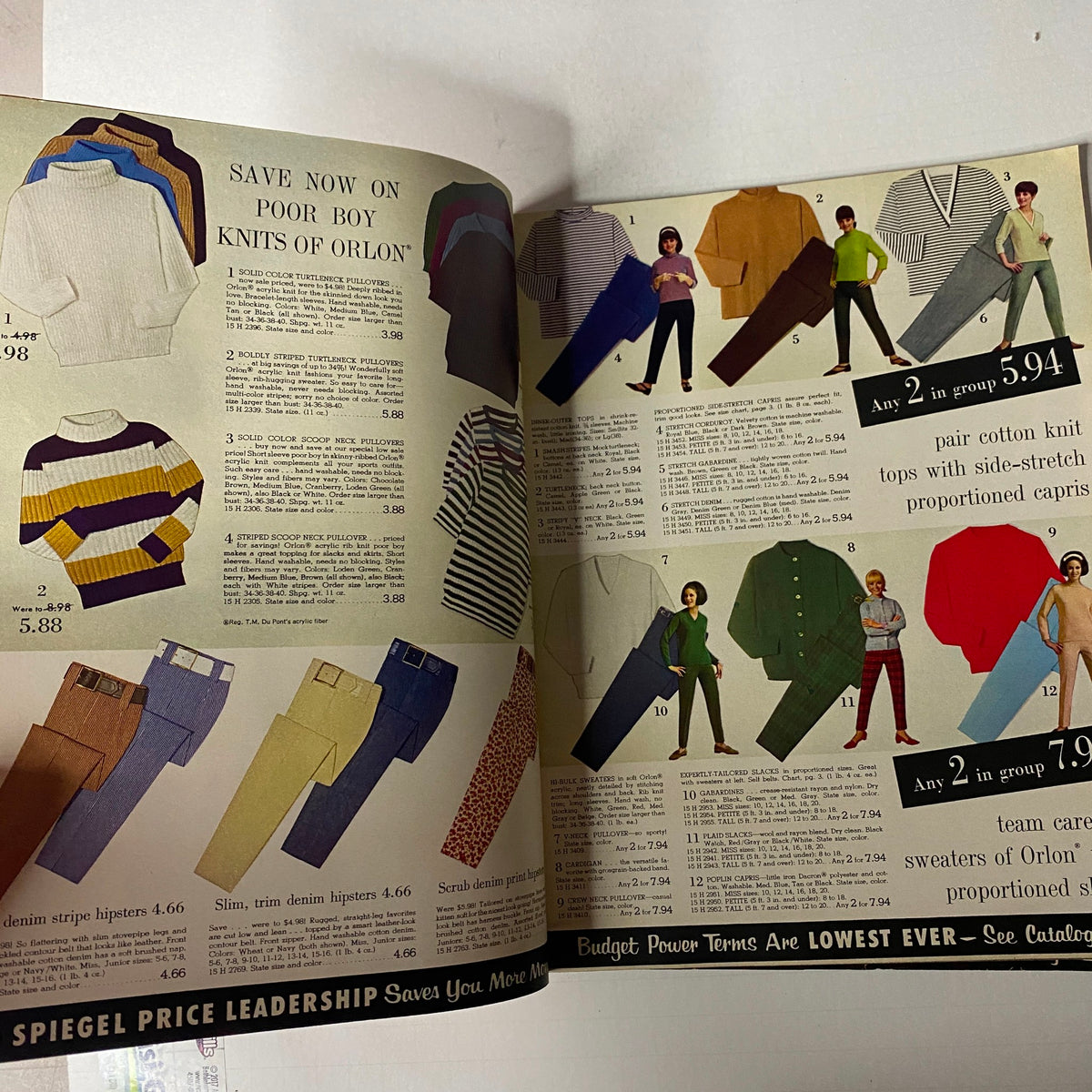 Inside spread of the 1967 Spiegel Price Leadership Sale Catalog highlighting savings on knitwear for boys with colorful illustrations of clothing options and prices.
