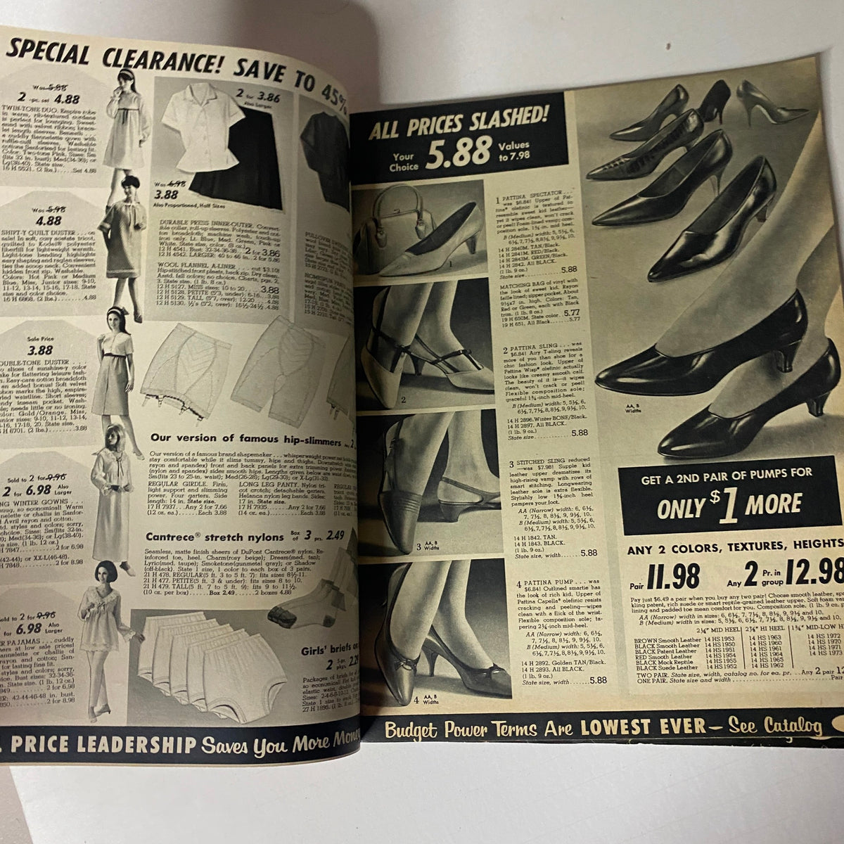 Inside spread of the 1967 Spiegel Price Leadership Sale Catalog featuring discounted women's clothing and shoes, with a focus on stylish options at competitive prices.