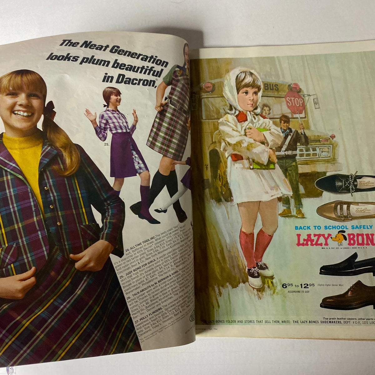 Double-page spread in the 1966 Vogue Children Fall Catalog displaying stylish outfits for children, emphasizing back-to-school fashion.