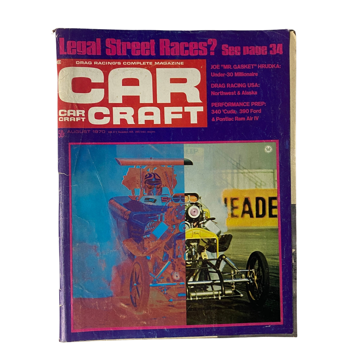 Car Craft Magazine August 1970 featuring Joe 'Mr. Gasket' Hrudka on the cover, showcasing drag racing and muscle cars.