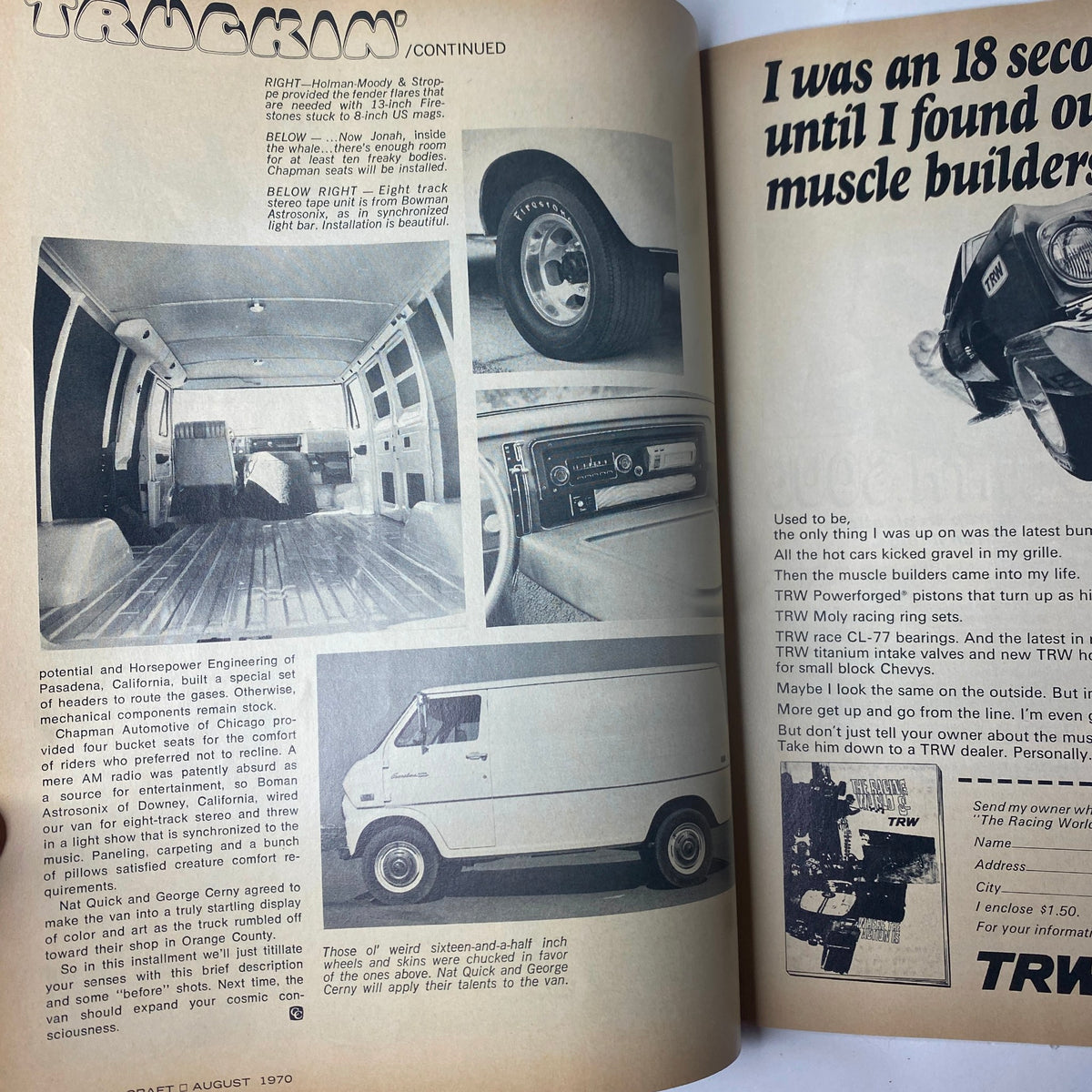 Interior and exterior images of a van from Car Craft Magazine August 1970, Vol 18 No 8 featuring Joe 'Mr. Gasket' Hrudka. The images showcase the design and features of the vehicle.