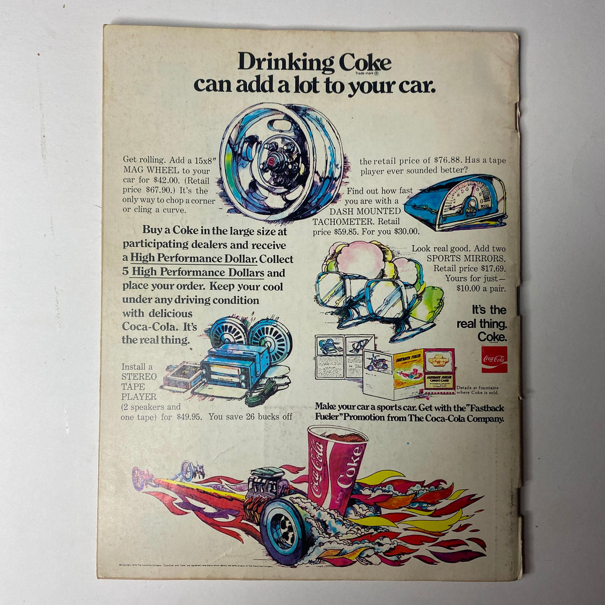 Back cover advertisement from Car Craft Magazine August 1970, Vol 18 No 8 featuring a promotion for Coke and performance parts, illustrating how soft drinks can enhance automotive performance.