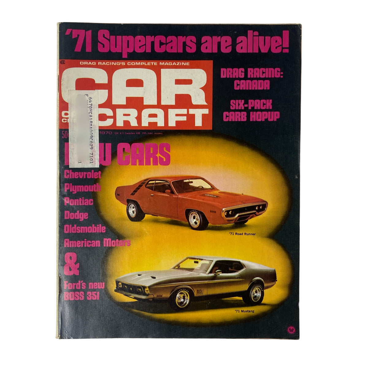 Car Craft Magazine October 1970 cover featuring the '71 Road Runner and '71 Mustang, highlighting supercars and drag racing.