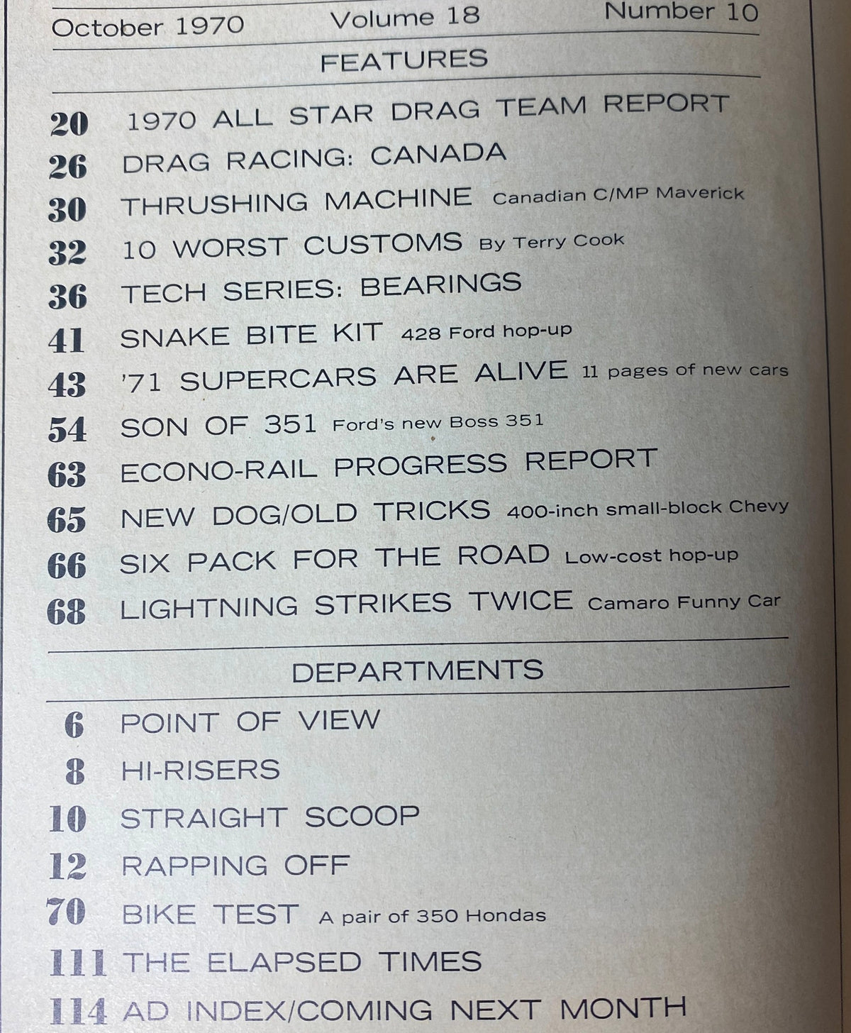 Inside page of Car Craft Magazine October 1970 showcasing features including 1970 All Star Drag Team Report and the '71 Supercars article.