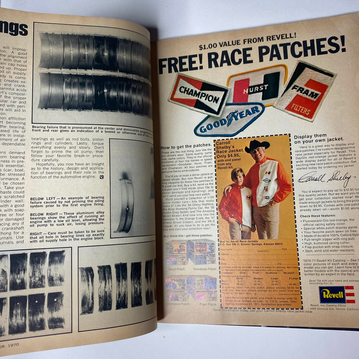 Page in Car Craft Magazine October 1970 displaying Revell's promotion for free race patches, with images of patches and a promotional model.
