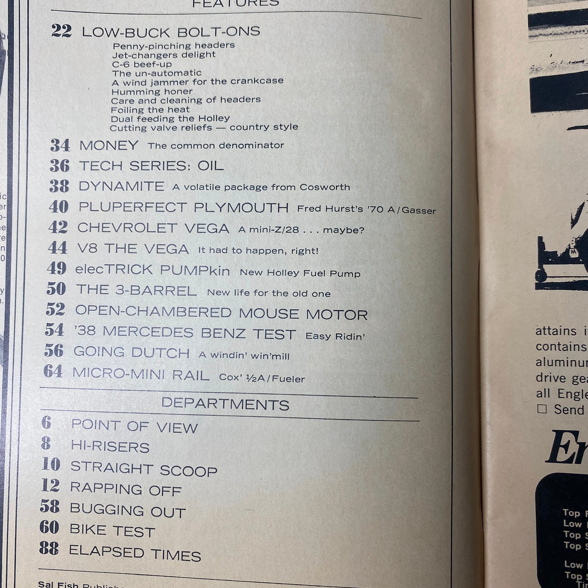 Interior page of Car Craft Magazine December 1970 listing featured articles including 'Low-Buck Bolt-Ons,' 'Pluperfect Plymouth,' and 'Chevrolet Vega,' highlighting tech tips and automotive features.