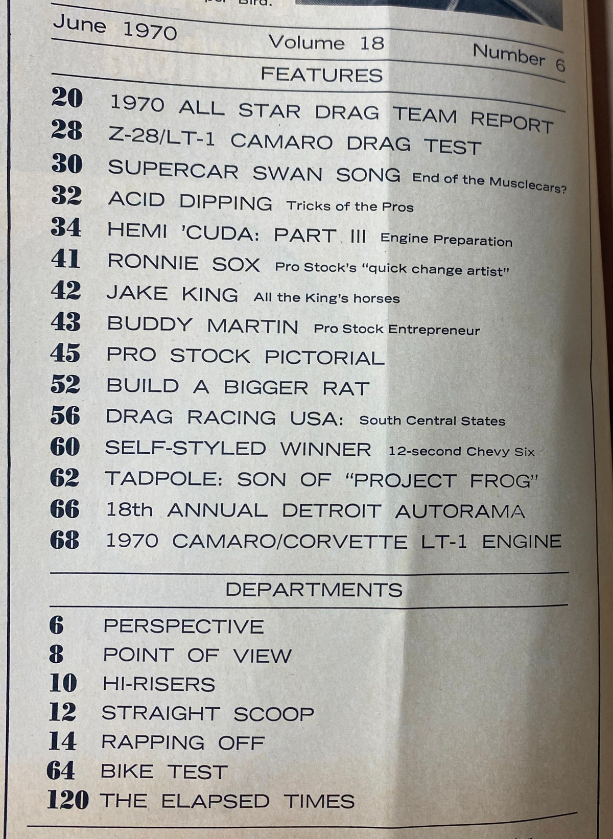 Inside page of Car Craft Magazine June 1970 Vol 18 No. 6 listing features such as 1970 All Star Drag Team Report and Pro Stock highlights, providing insights into muscle car culture and drag racing.