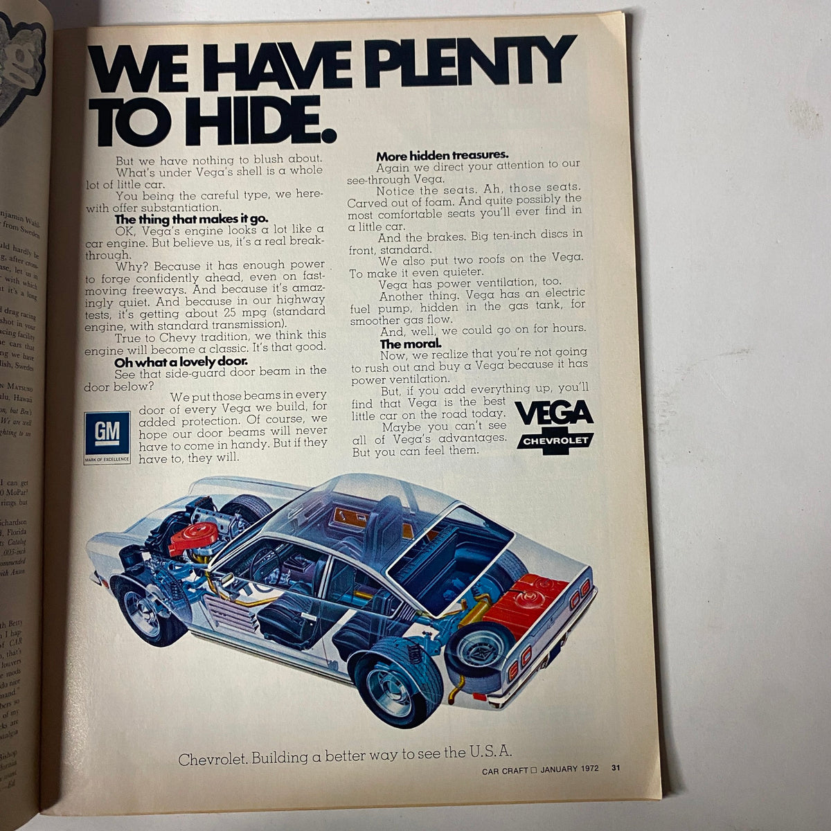 Advertisement in Car Craft Magazine January 1972 Vol 20 No. 1 promoting Chevrolet Vega, emphasizing performance and hidden resources.
