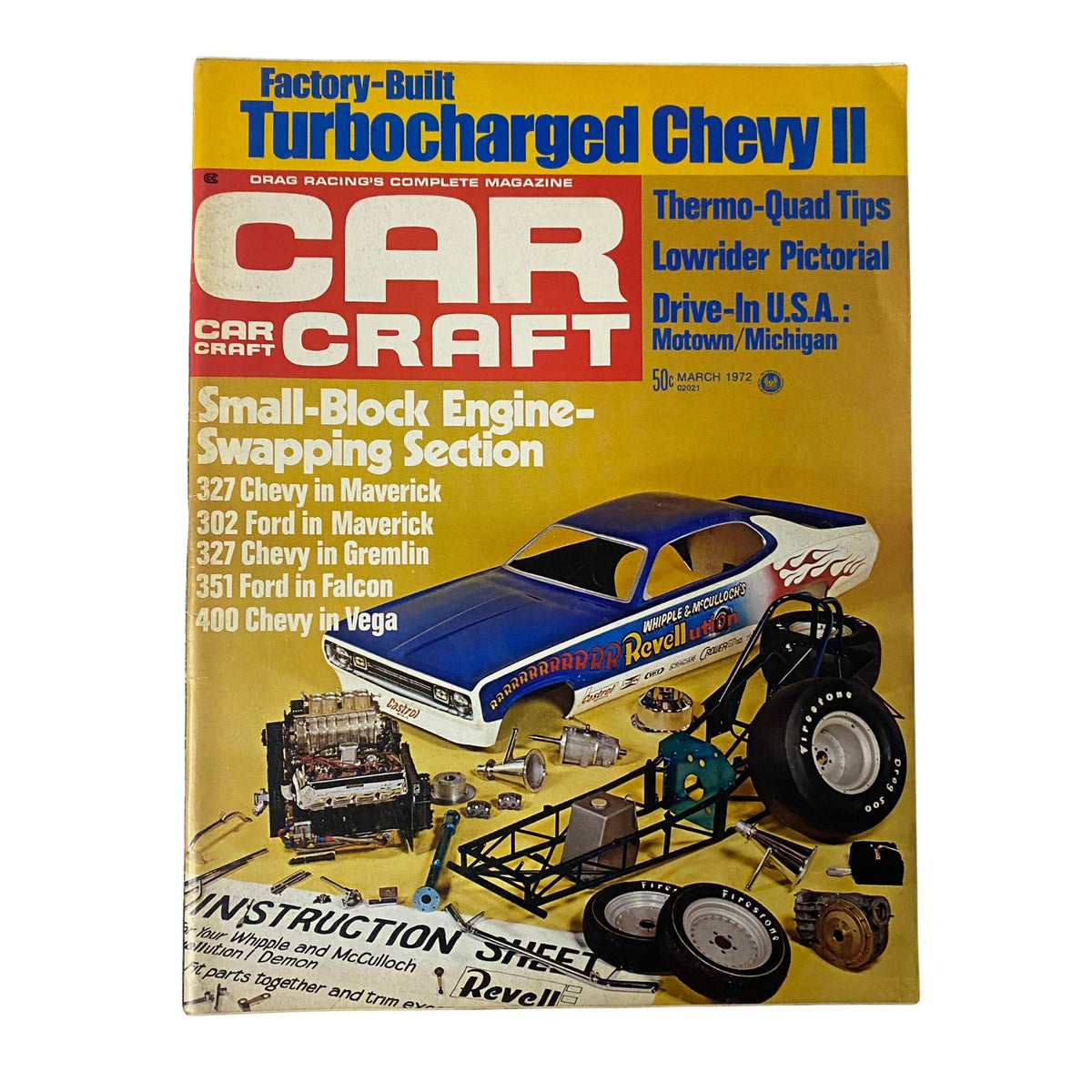 Cover of Car Craft Magazine for March 1972, Volume 20, No. 3 featuring Turbocharged Chevy II and articles on Thermo-Quad Tips, Lowrider Pictorial, and Drive-In U.S.A.
